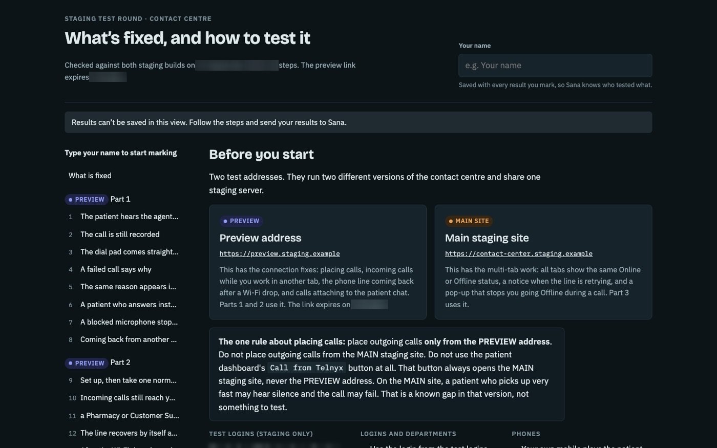 Contact Centre Fix Check page listing what was fixed and how to test it