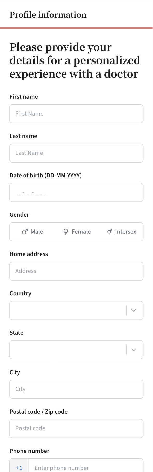 Profile form with name, date of birth, gender, address and phone