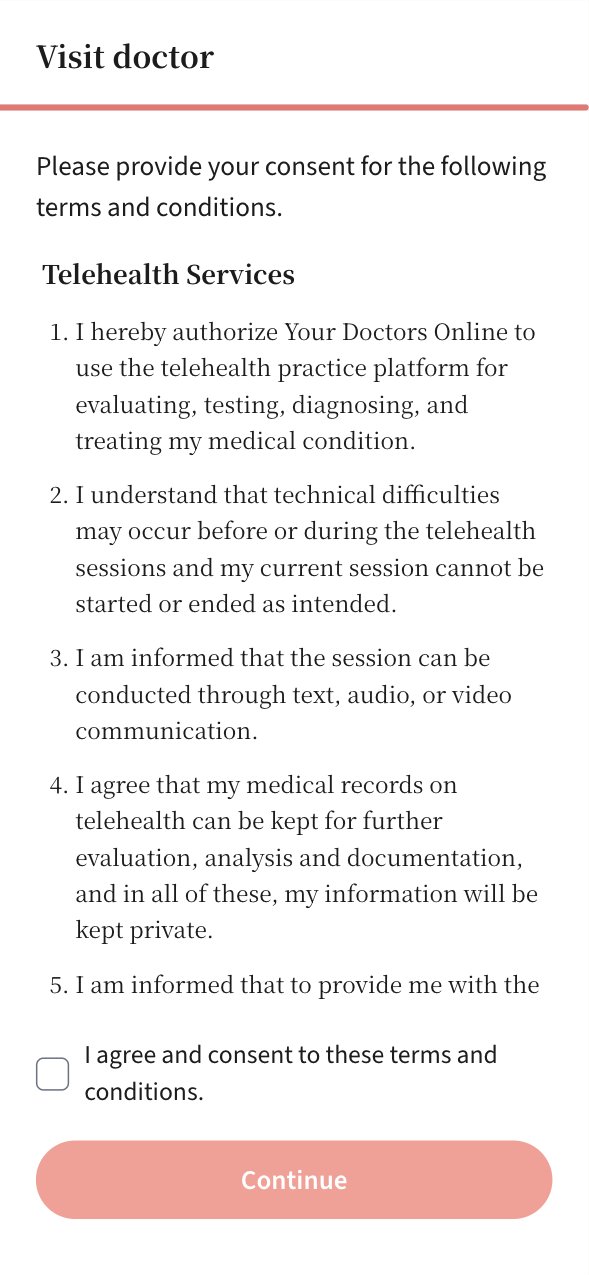 Telehealth consent terms with a single checkbox