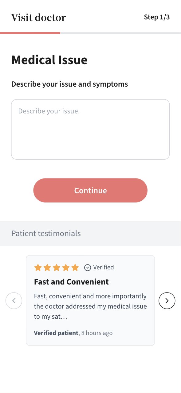 Medical issue form with a patient testimonial below