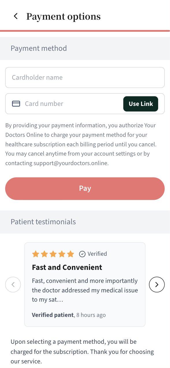Payment screen with cardholder name, card number, Link and Pay