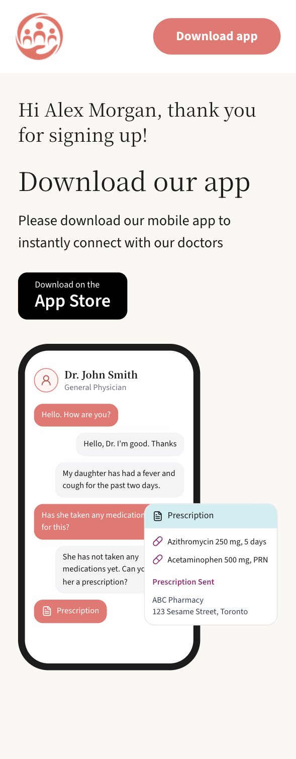 Download the app screen with a doctor chat and prescription preview