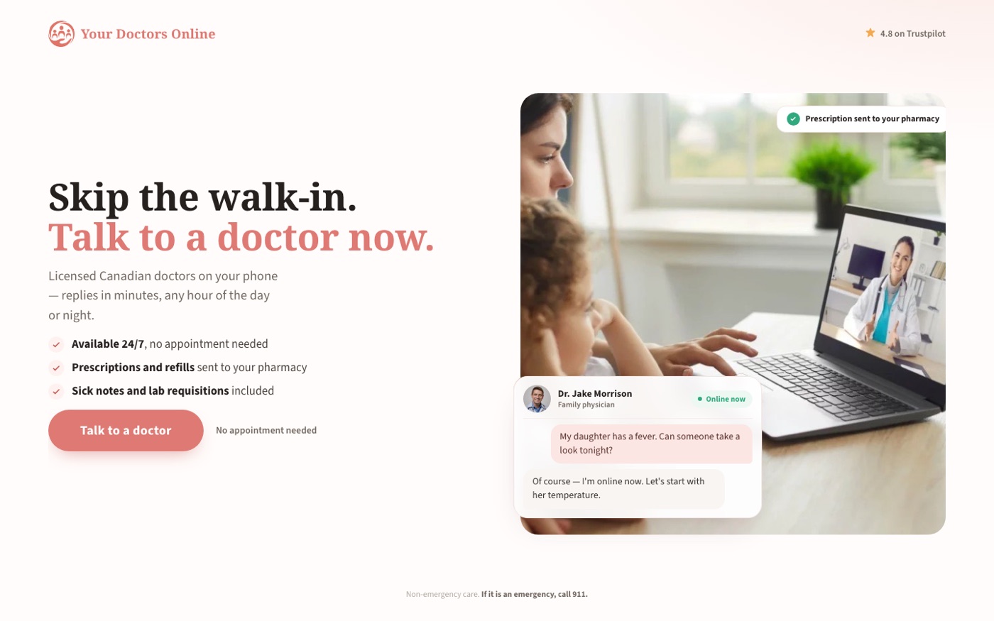 Talk to a Doctor Online landing page, desktop layout