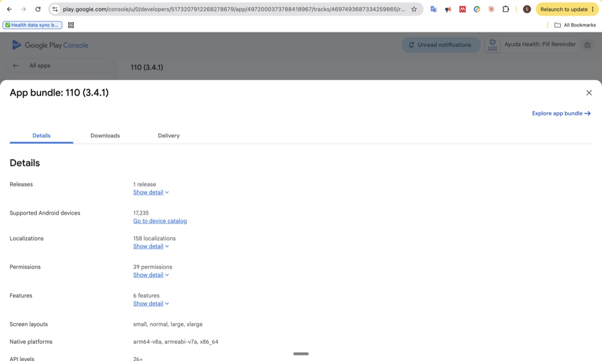 Google Play Console app bundle 110 details