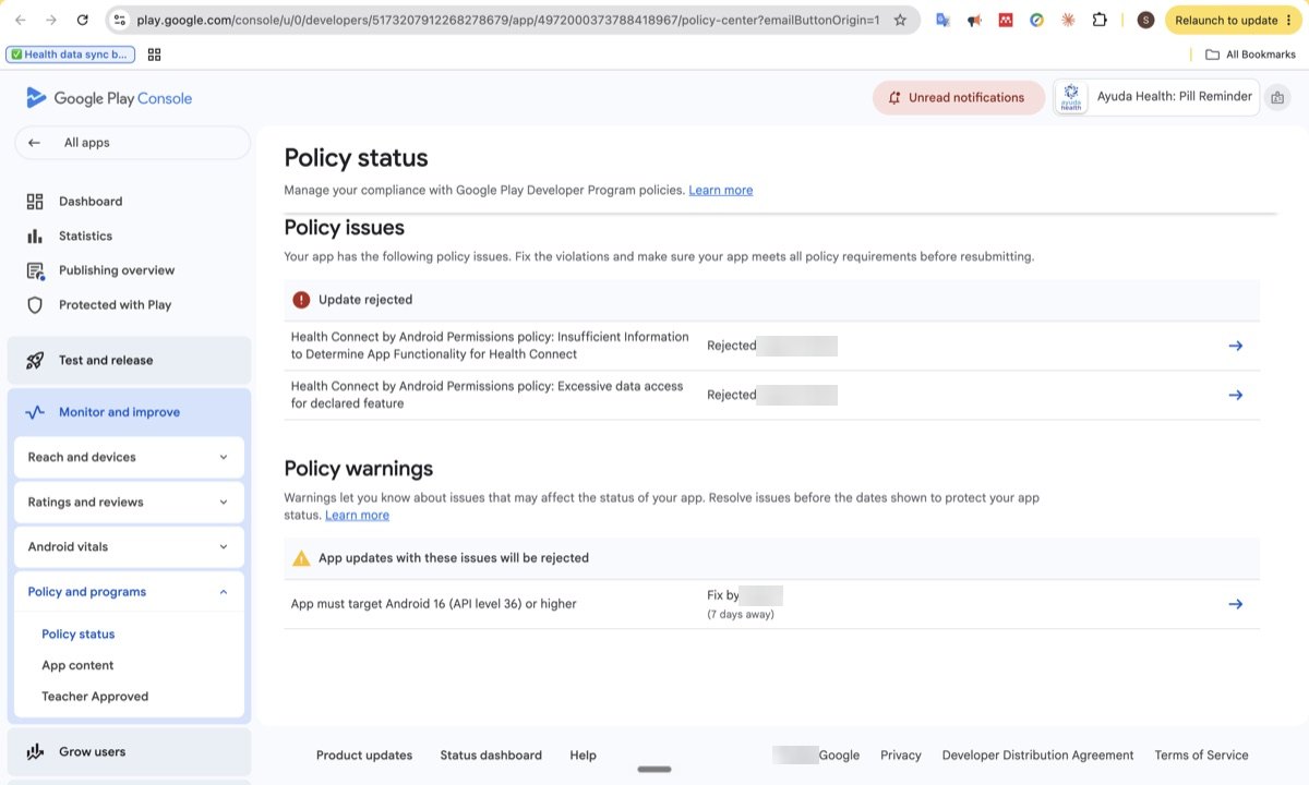 Google Play Console policy status showing the Health Connect rejection