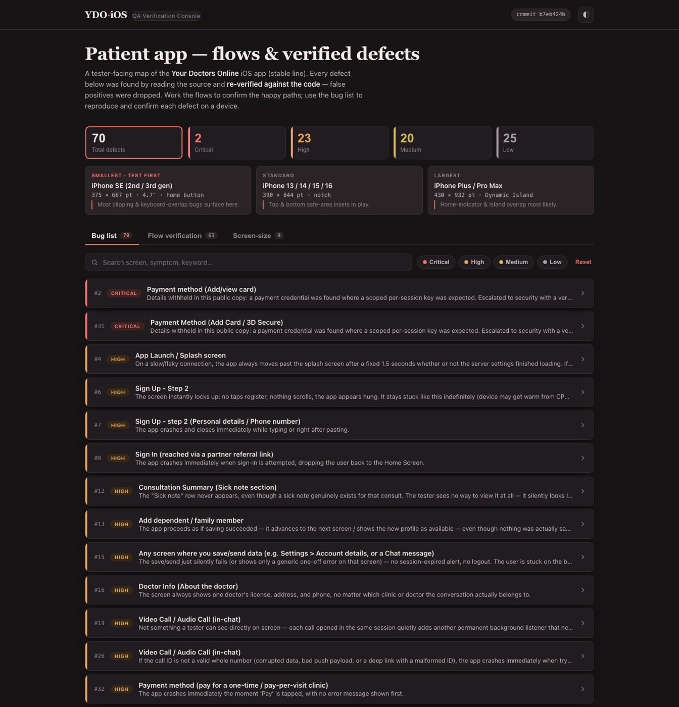 YDO iOS QA Verification Console with severity filters and defect list