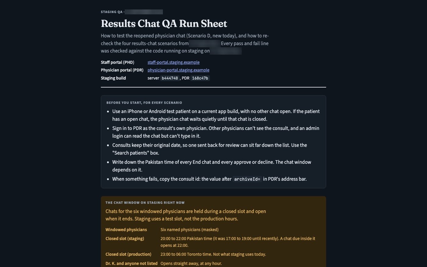 Results Chat QA Run Sheet for the PHD and PDR portals