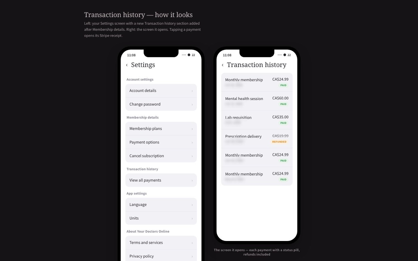 Transaction history feature mockup showing two iPhone frames