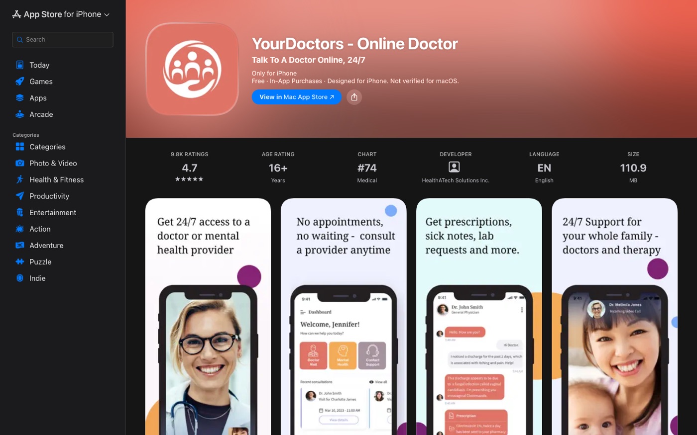 App Store listing for YourDoctors Online Doctor