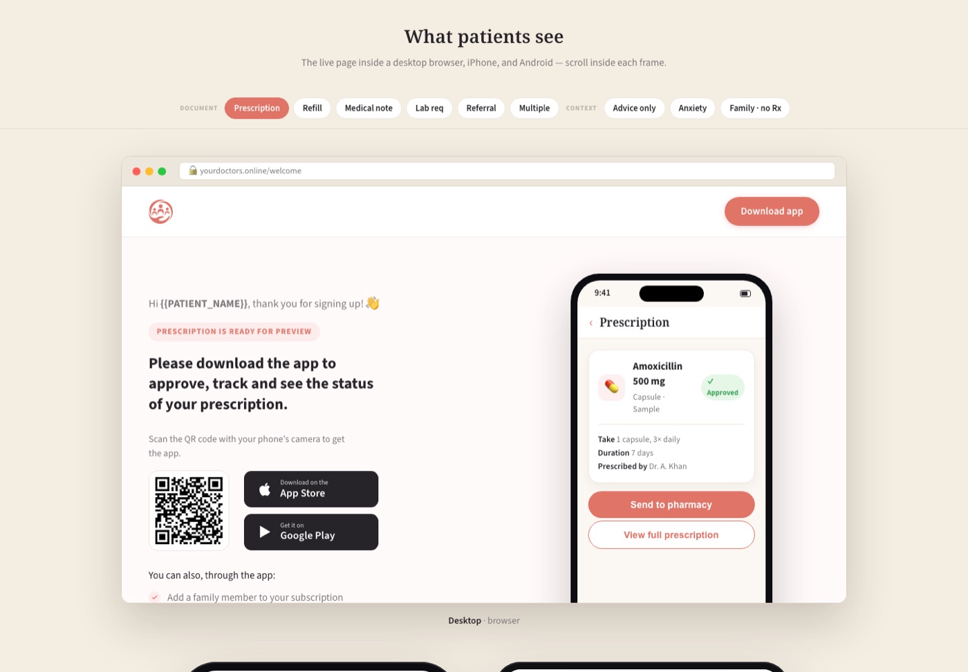 Post-consultation app download page preview with scenario tabs